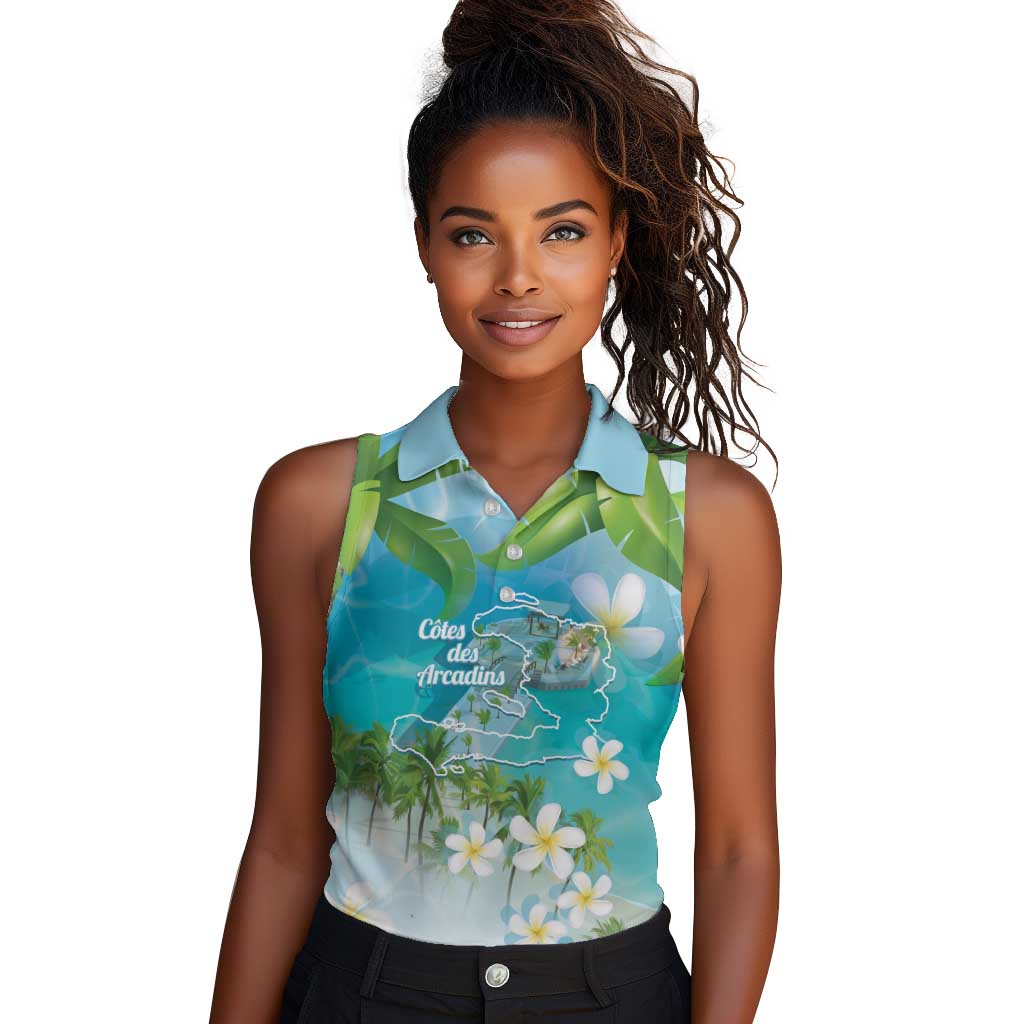 Afro Haiti Cotes des Arcadins Women Sleeveless Polo Shirt Ayiti Map With Royal Palm Plumeria - African Pride