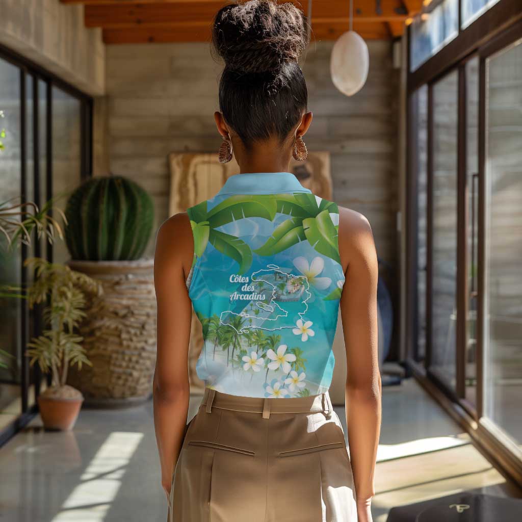 Afro Haiti Cotes des Arcadins Women Sleeveless Polo Shirt Ayiti Map With Royal Palm Plumeria - African Pride