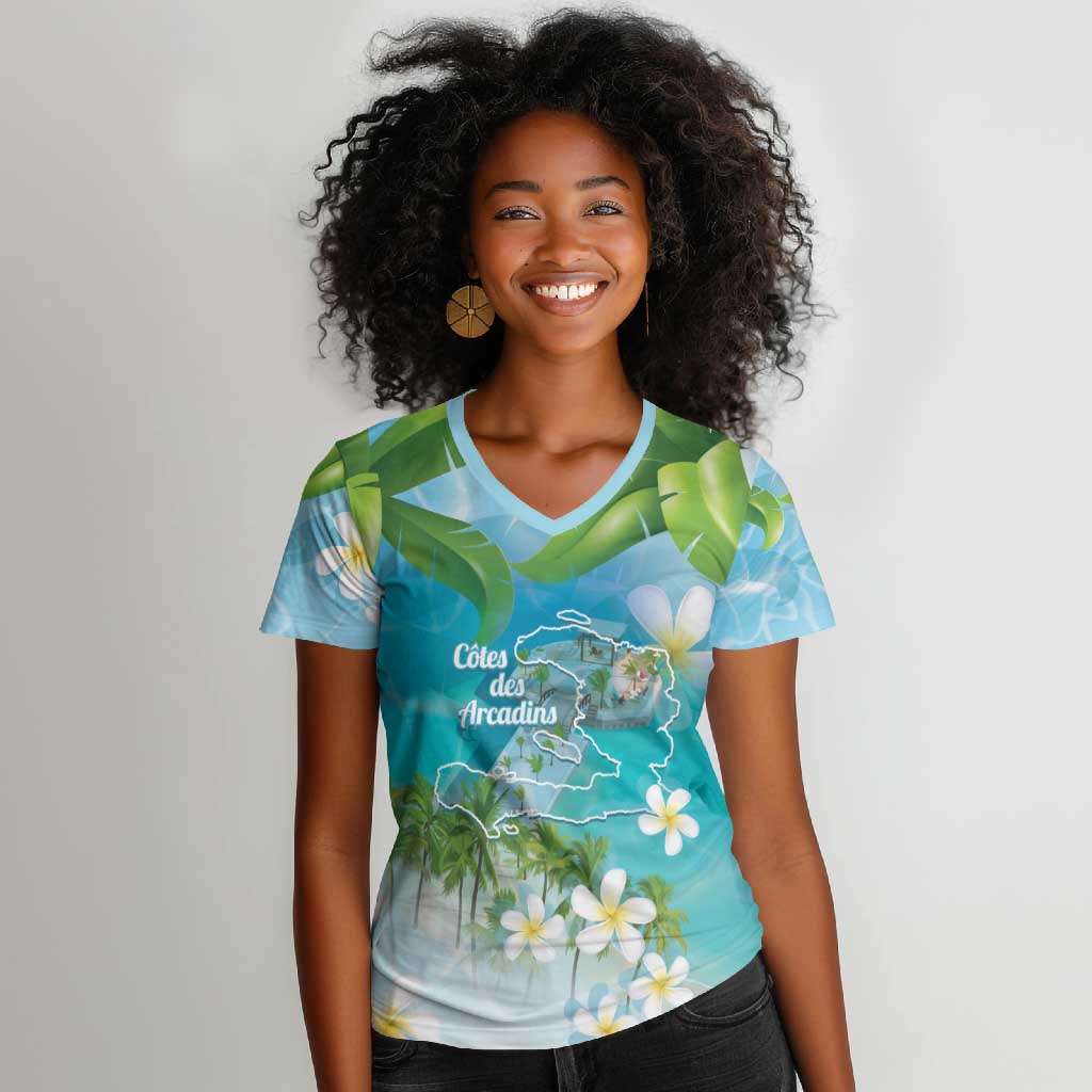 Afro Haiti Cotes des Arcadins Women V-Neck T-Shirt Ayiti Map With Royal Palm Plumeria - African Pride