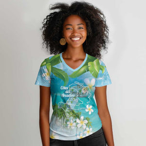 Afro Haiti Cotes des Arcadins Women V-Neck T-Shirt Ayiti Map With Royal Palm Plumeria - African Pride