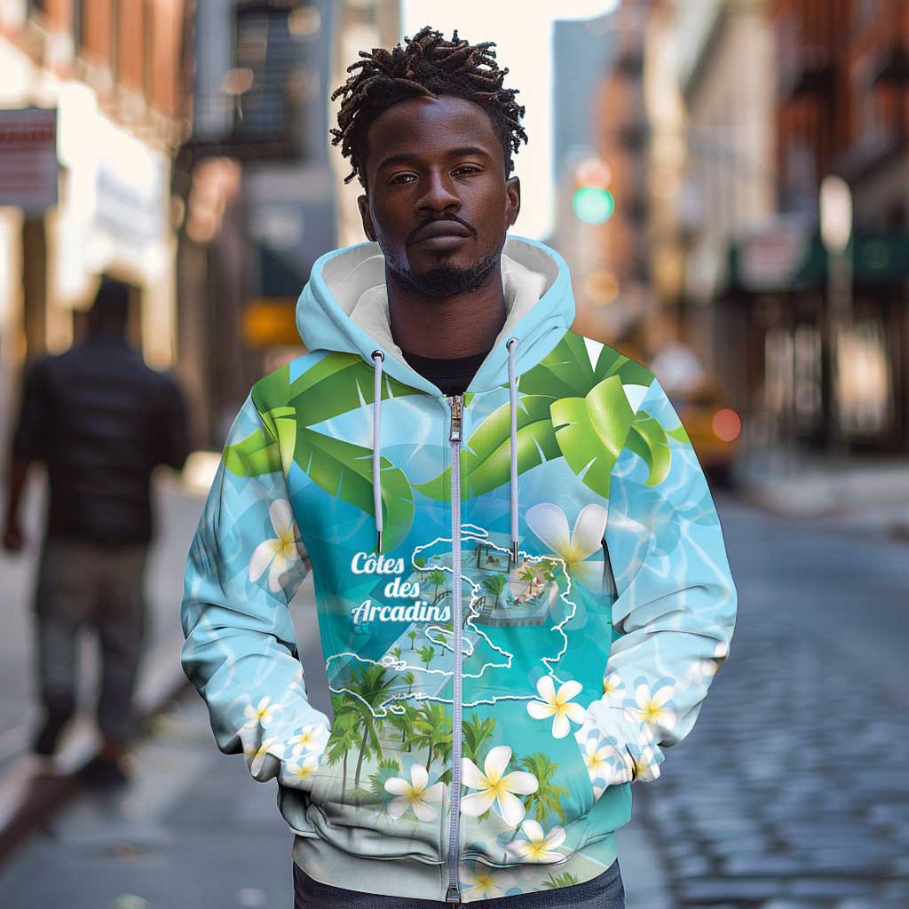 Afro Haiti Cotes des Arcadins Zip Hoodie Ayiti Map With Royal Palm Plumeria - African Pride
