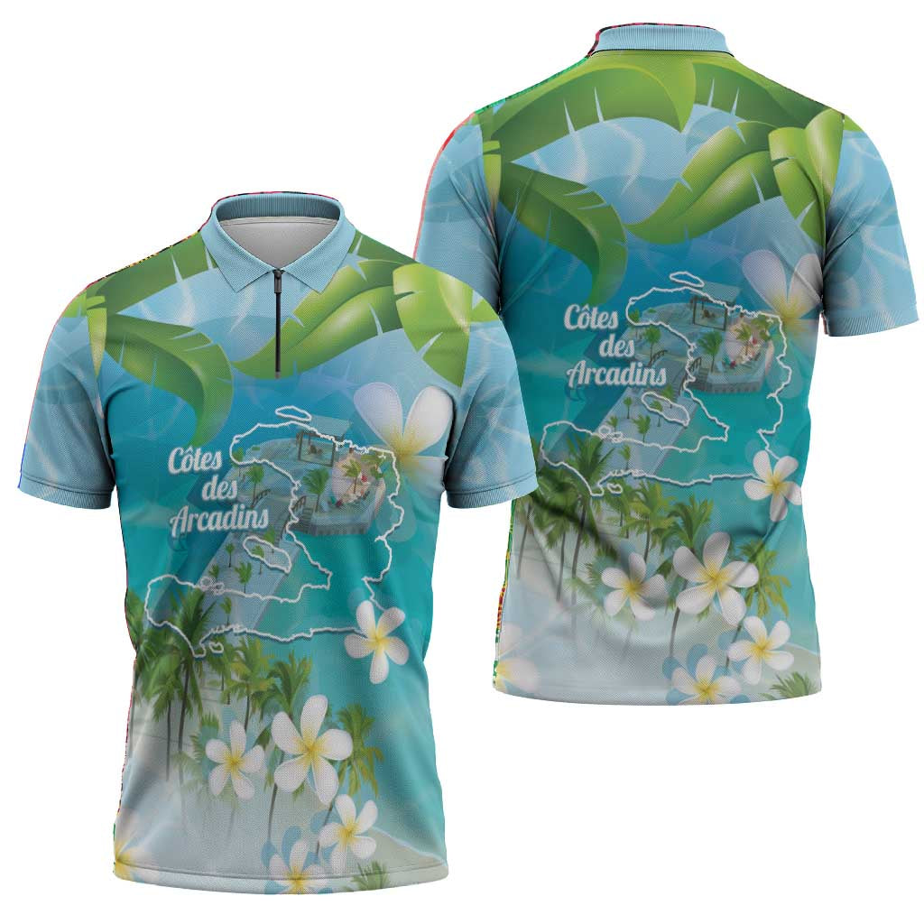 Afro Haiti Cotes des Arcadins Zipper Polo Shirt Ayiti Map With Royal Palm Plumeria - African Pride
