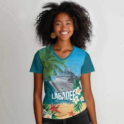 Afro Haiti Labadee Peninsula Women V-Neck T-Shirt Caribbean Cruise Tropical Vibes - African Pride