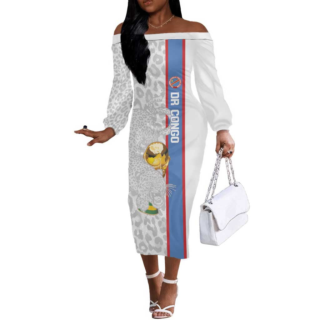 DR Congo Football Custom Off The Shoulder Long Sleeve Dress Come On Leopards White Color