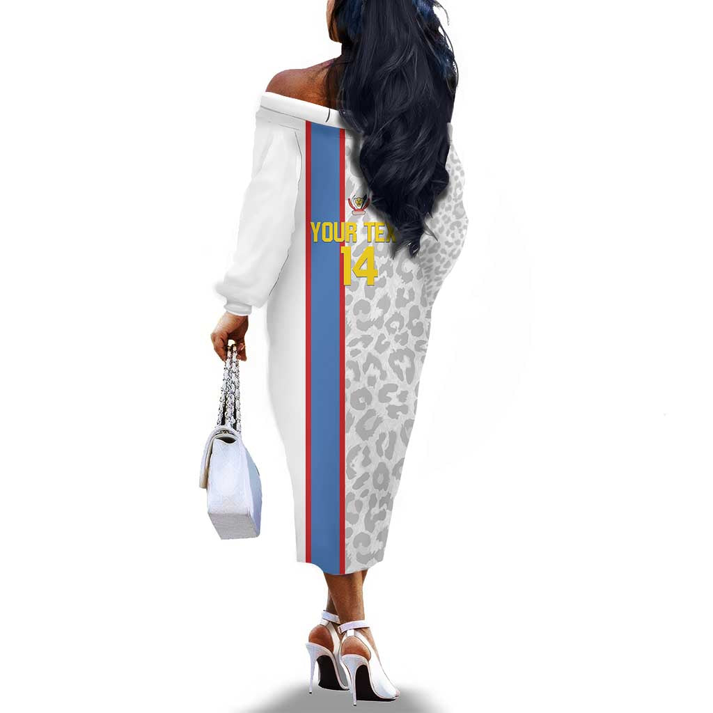 DR Congo Football Custom Off The Shoulder Long Sleeve Dress Come On Leopards White Color