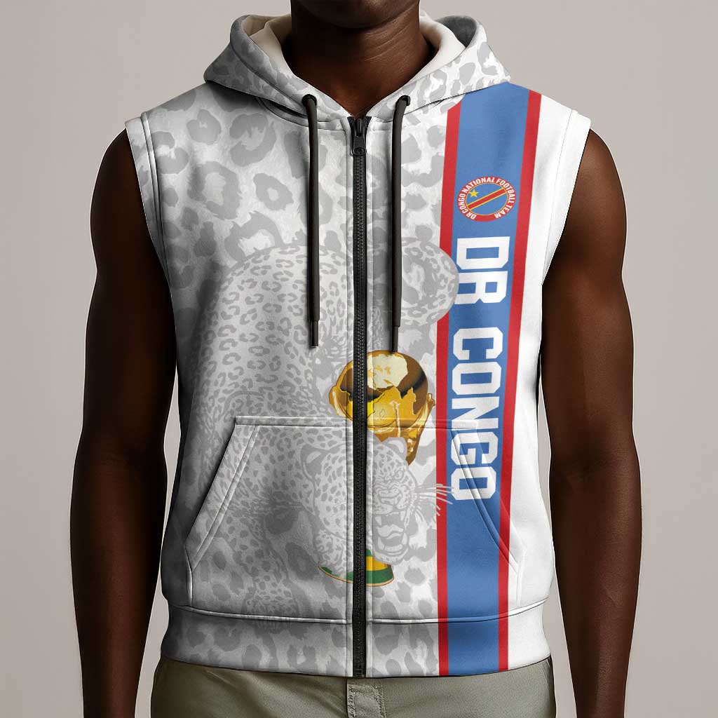 DR Congo Football Custom Sleeveless Zip Hoodie Come On Leopards White Color
