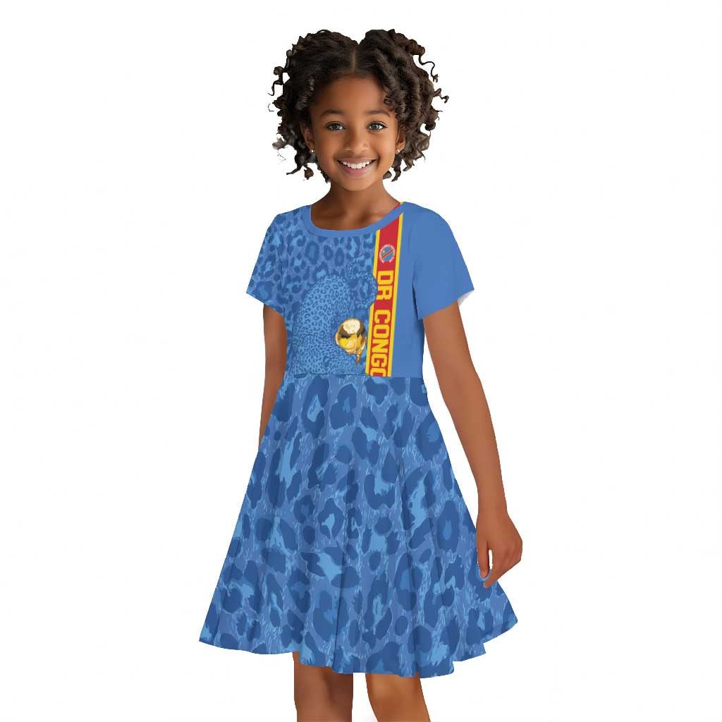 DR Congo Football Custom Kid Short Sleeve Dress Come On Leopards Blue Color