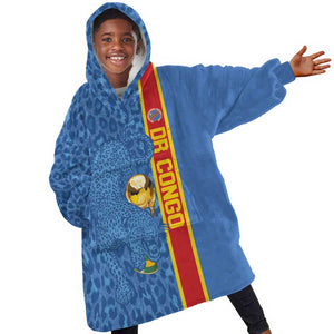 DR Congo Football Custom Kid Wearable Blanket Hoodie Come On Leopards Blue Color