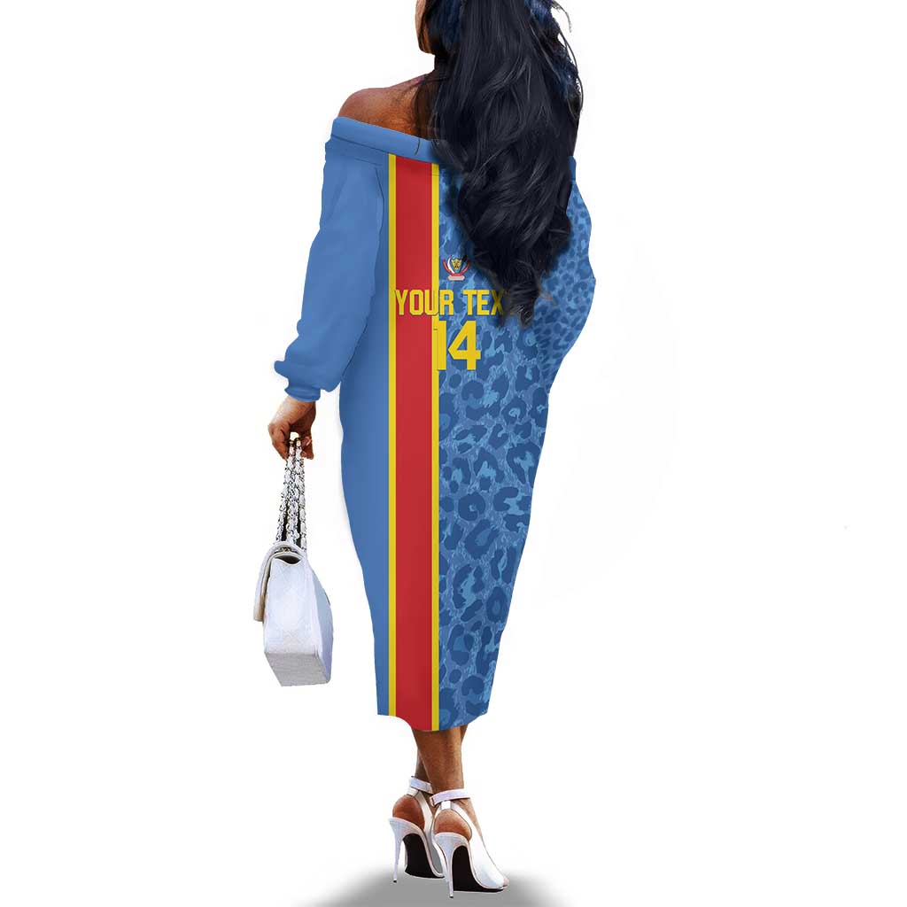 DR Congo Football Custom Off The Shoulder Long Sleeve Dress Come On Leopards Blue Color