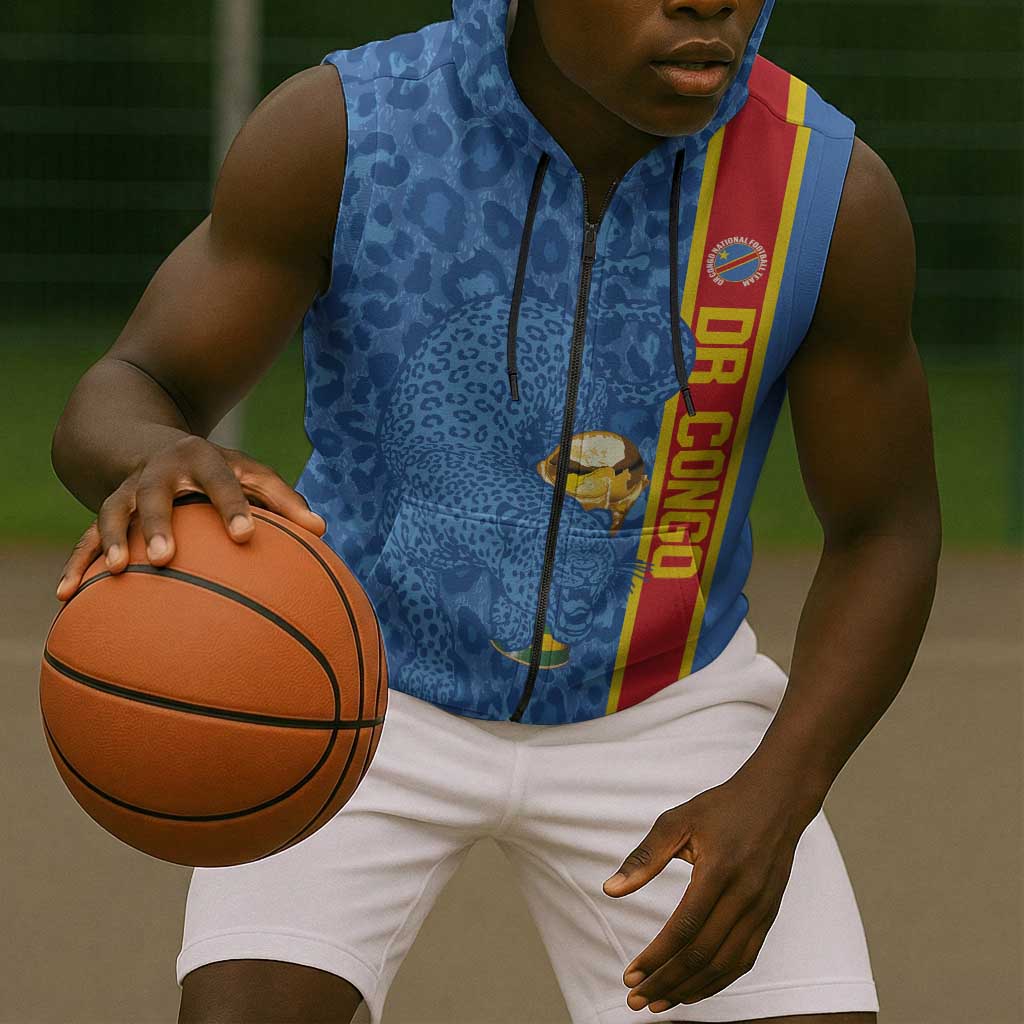 DR Congo Football Custom Sleeveless Zip Hoodie Come On Leopards Blue Color
