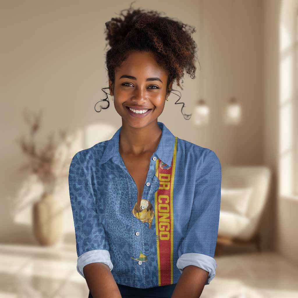 DR Congo Football Custom Women Casual Shirt Come On Leopards Blue Color