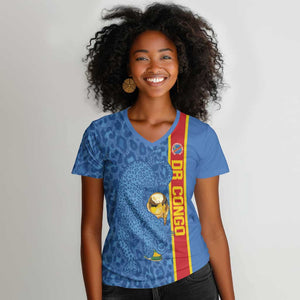 DR Congo Football Custom Women V-Neck T-Shirt Come On Leopards Blue Color