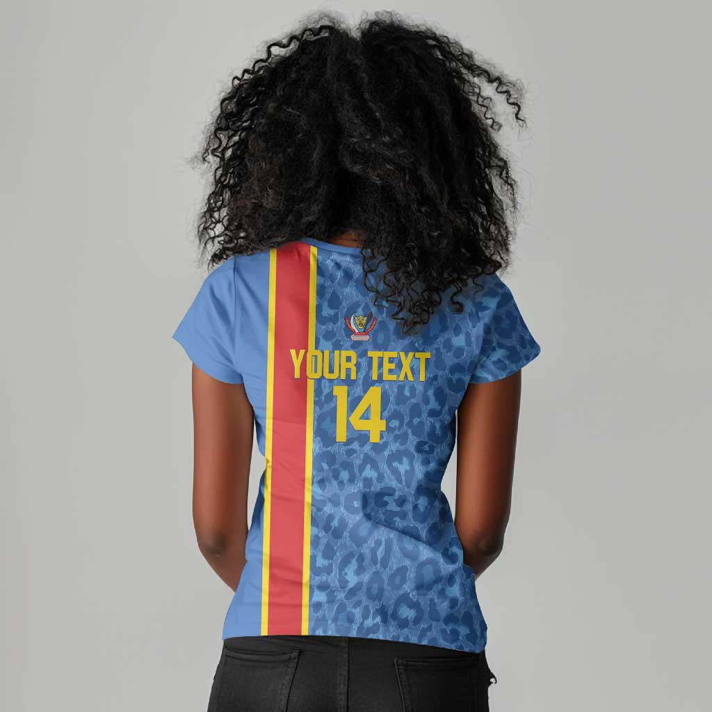DR Congo Football Custom Women V-Neck T-Shirt Come On Leopards Blue Color