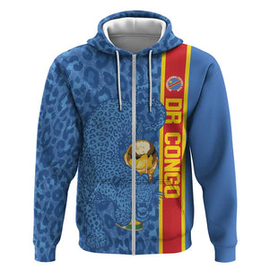 DR Congo Football Custom Zip Hoodie Come On Leopards Blue Color