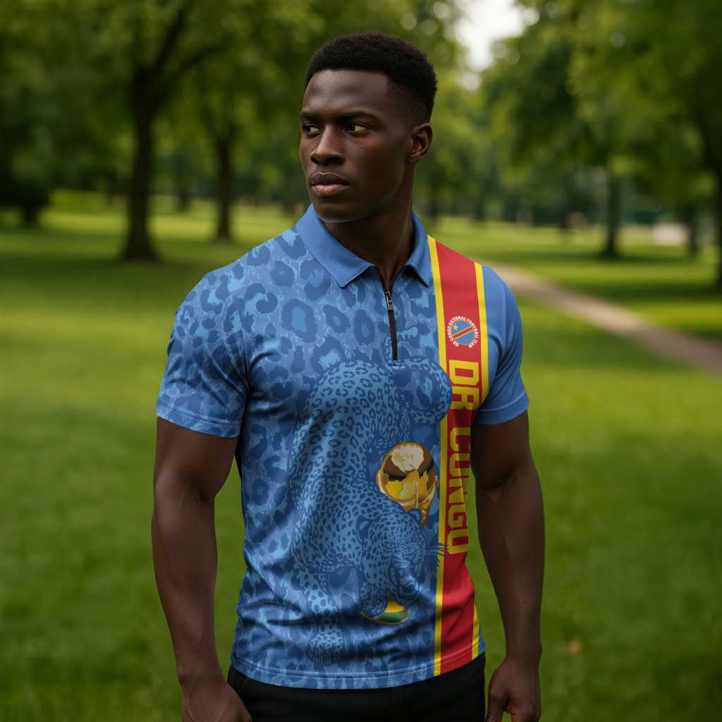 DR Congo Football Custom Zipper Polo Shirt Come On Leopards Blue Color