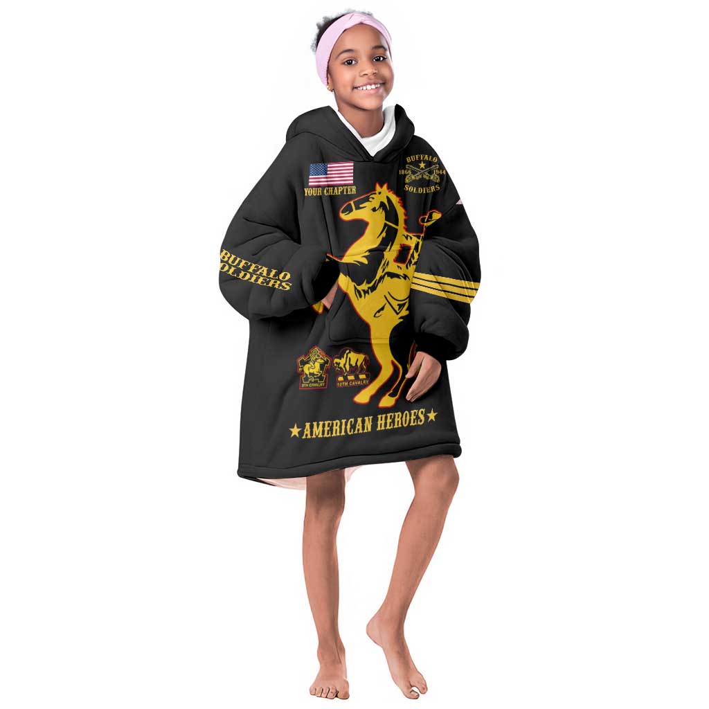 Personalized Afro Buffalo Soldiers KId Wearable Blanket Hoodie BSMC United States Army Black