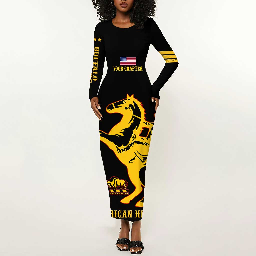 Personalized Afro Buffalo Soldiers Long Sleeve Bodycon Dress BSMC United States Army Black LT14