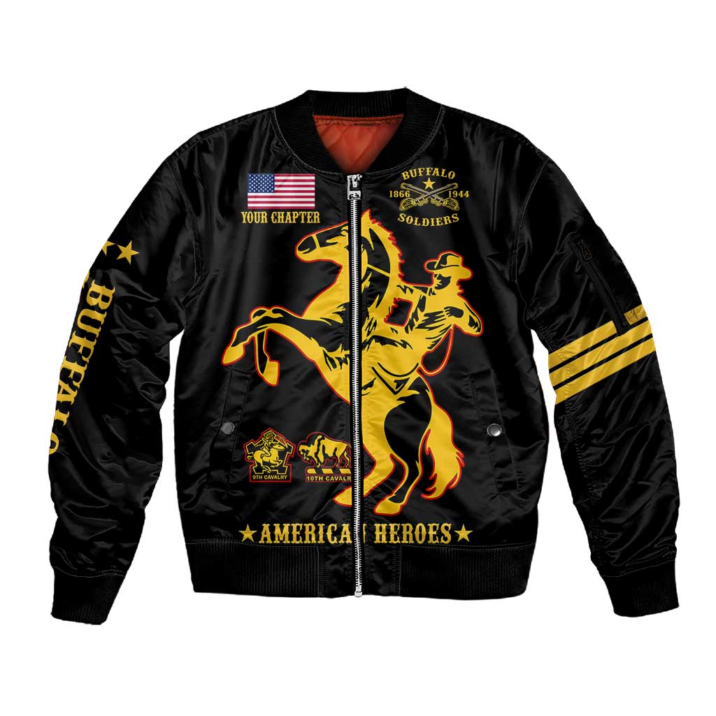 Personalized Afro Buffalo Soldiers Sleeve Zip Bomber Jacket BSMC United States Army Black