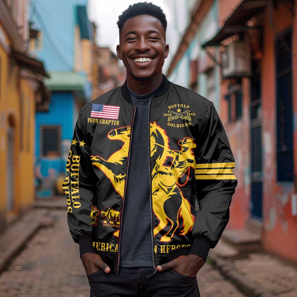 Personalized Afro Buffalo Soldiers Sleeve Zip Bomber Jacket BSMC United States Army Black