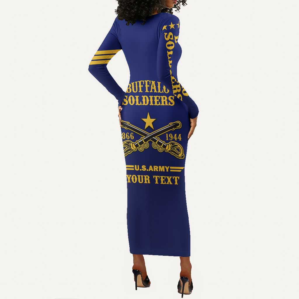Personalized Afro Buffalo Soldiers Long Sleeve Bodycon Dress BSMC United States Army Blue LT14