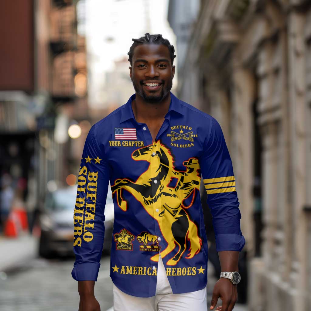 Personalized Afro Buffalo Soldiers Long Sleeve Button Shirt BSMC United States Army Blue