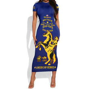 Personalized Afro Buffalo Soldiers Short Sleeve Bodycon Dress BSMC United States Army Blue LT14