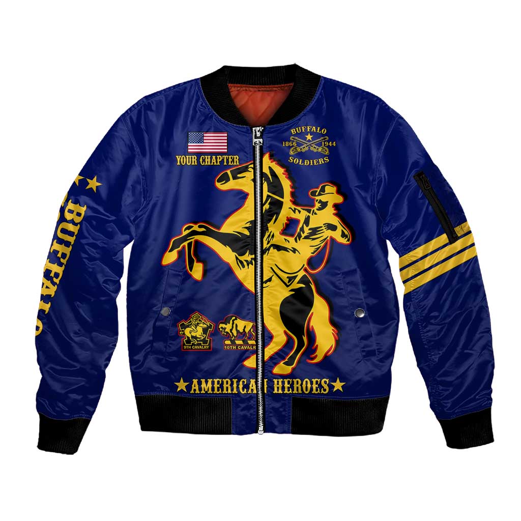 Personalized Afro Buffalo Soldiers Sleeve Zip Bomber Jacket BSMC United States Army Blue