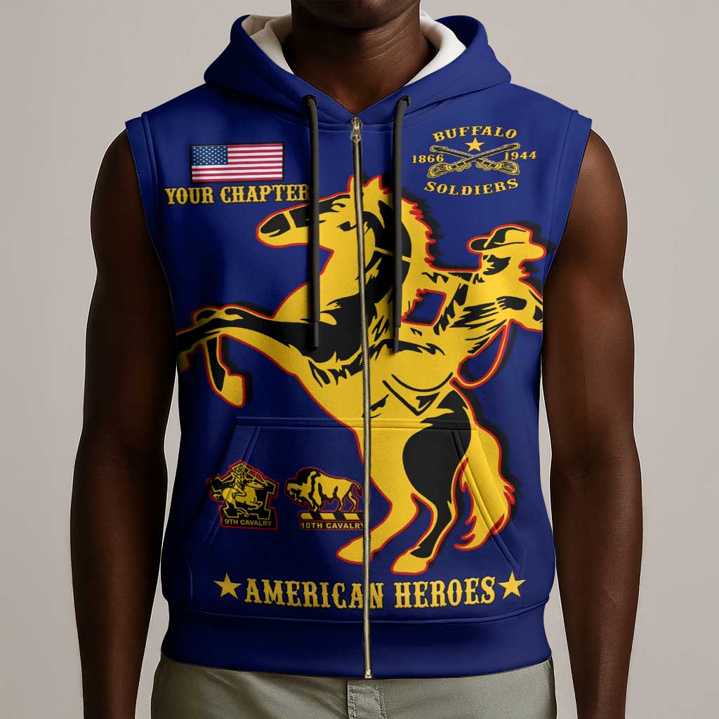 Personalized Afro Buffalo Soldiers Sleeveless Zip Hoodie BSMC United States Army Blue - African Pride
