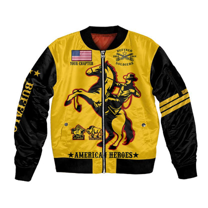 Personalized Afro Buffalo Soldiers Sleeve Zip Bomber Jacket BSMC United States Army Yellow