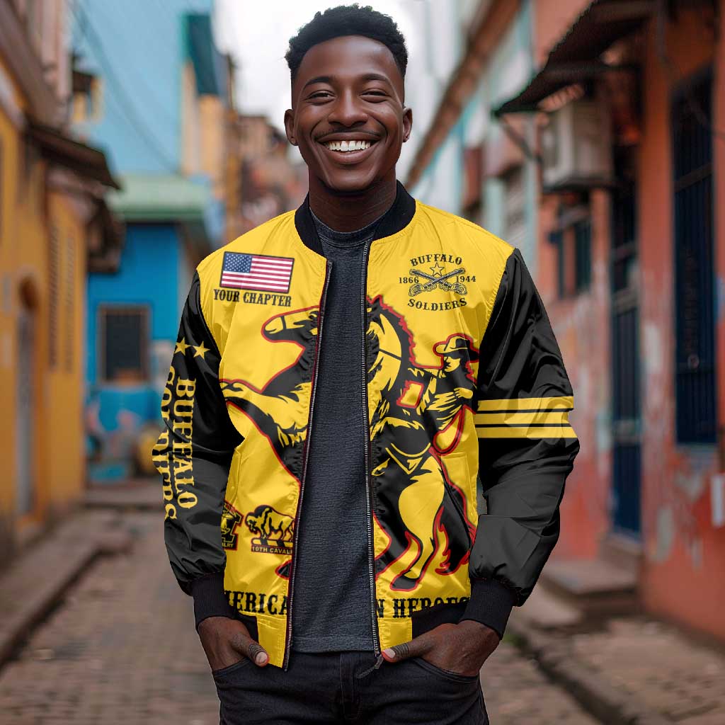 Personalized Afro Buffalo Soldiers Sleeve Zip Bomber Jacket BSMC United States Army Yellow