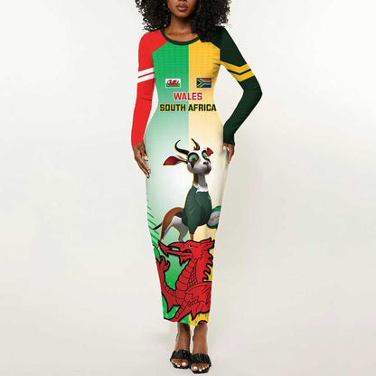 Custom South Africa And Wales Rugby Long Sleeve Bodycon Dress Springboks Welsh Mascots Dynamic Version LT14