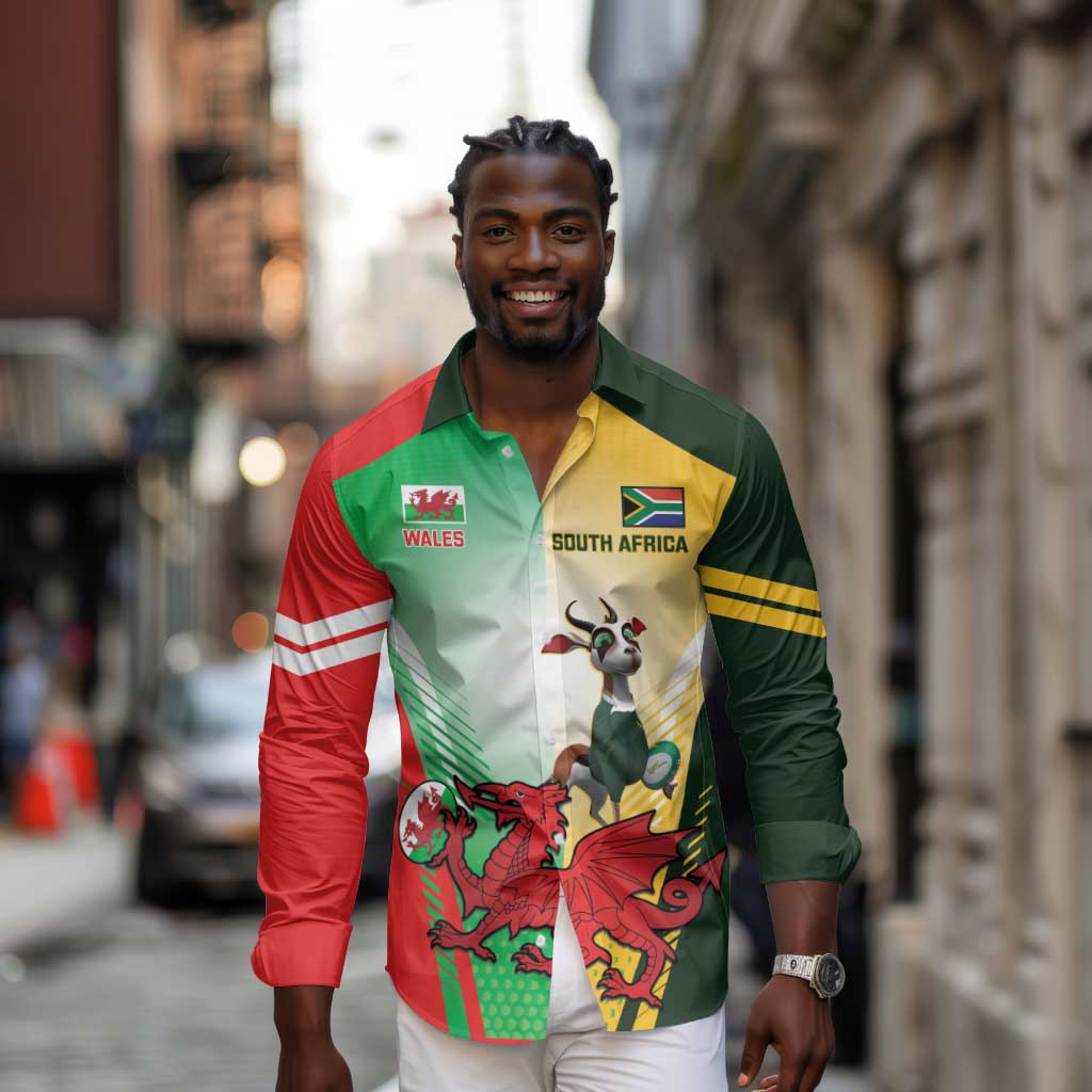 Custom South Africa And Wales Rugby Long Sleeve Button Shirt Springboks Welsh Mascots Dynamic Version