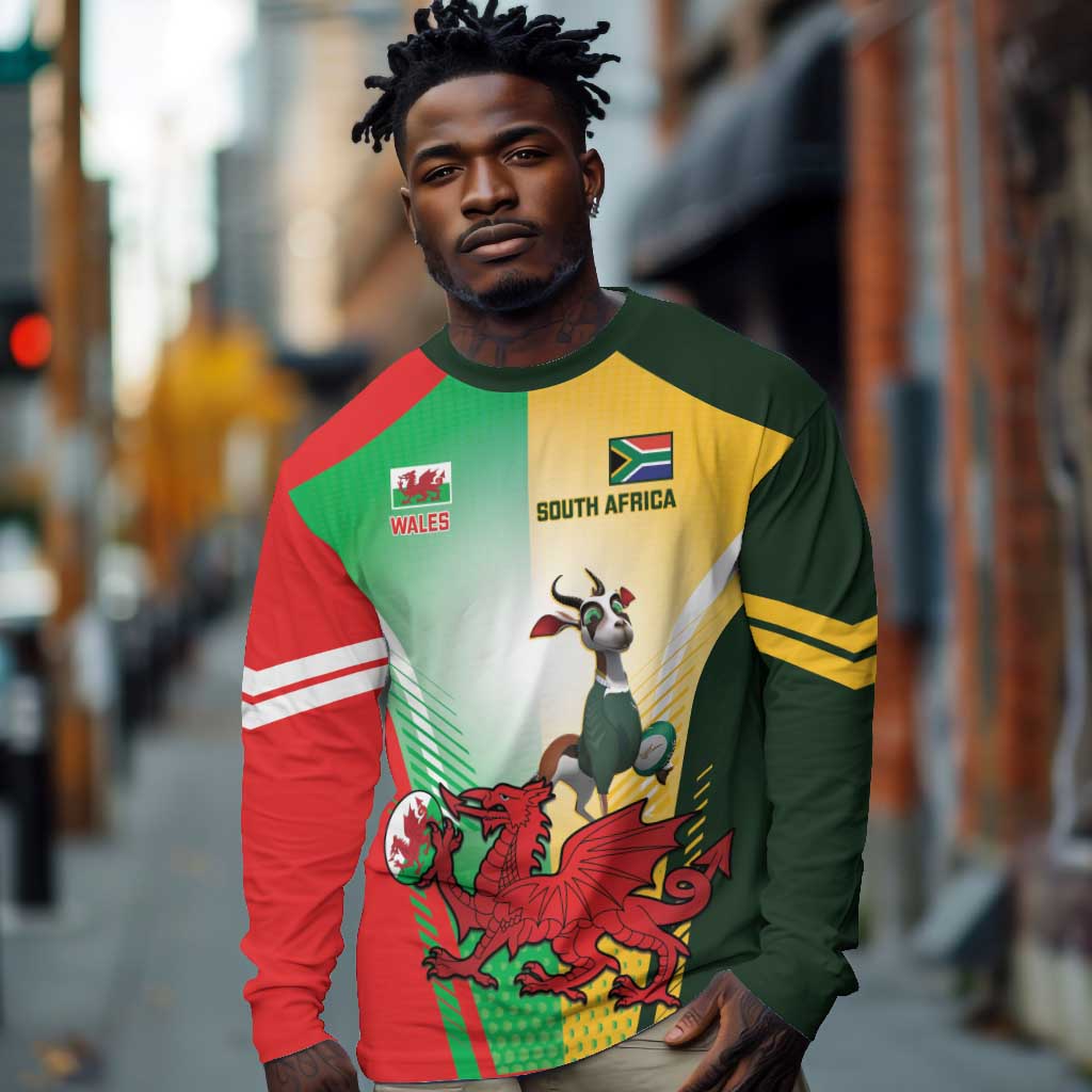 Custom South Africa And Wales Rugby Long Sleeve Shirt Springboks Welsh Mascots Dynamic Version LT14
