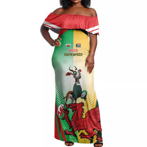 Custom South Africa And Wales Rugby Off Shoulder Maxi Dress Springboks Welsh Mascots Dynamic Version