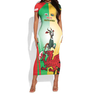 Custom South Africa And Wales Rugby Short Sleeve Bodycon Dress Springboks Welsh Mascots Dynamic Version LT14