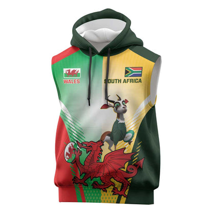 Custom South Africa And Wales Rugby Sleeveless Hoodie Springboks Welsh Mascots Dynamic Version - African Pride