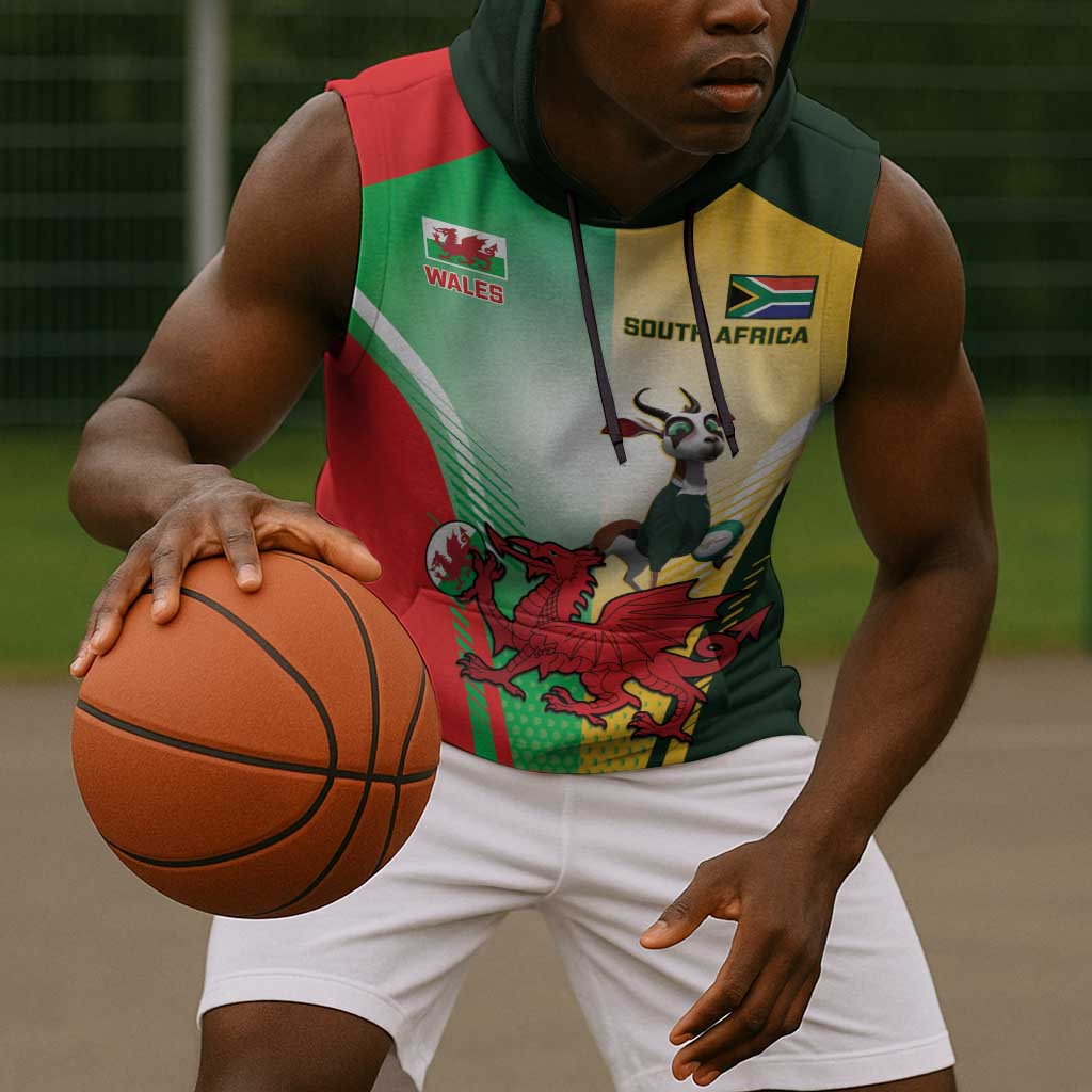 Custom South Africa And Wales Rugby Sleeveless Hoodie Springboks Welsh Mascots Dynamic Version - African Pride