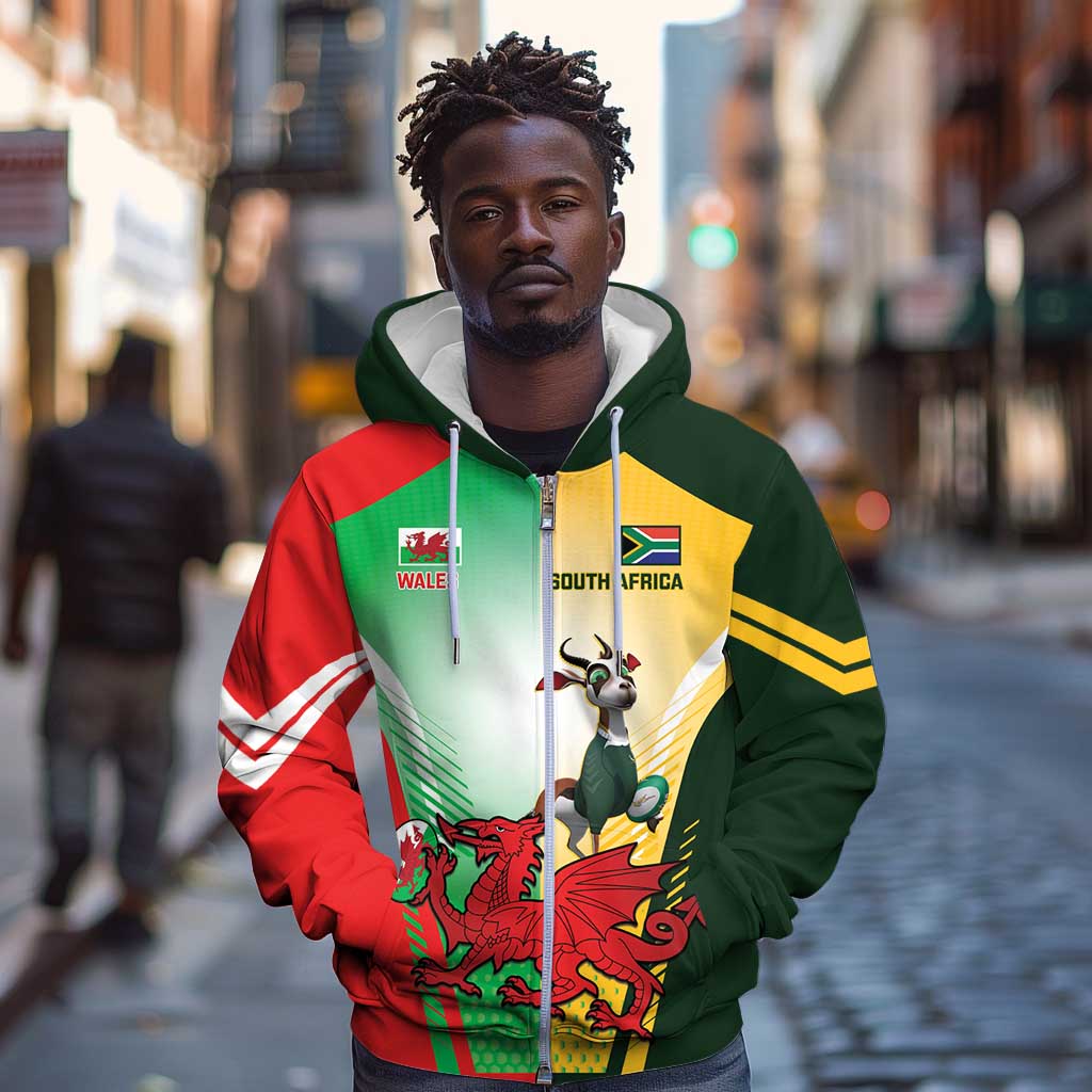 Custom South Africa And Wales Rugby Zip Hoodie Springboks Welsh Mascots Dynamic Version