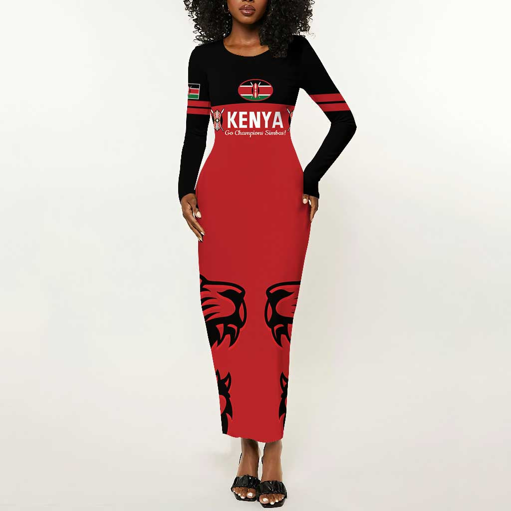Custom Kenya Rugby Long Sleeve Bodycon Dress 2024 Go Champions Simbas - Red LT14