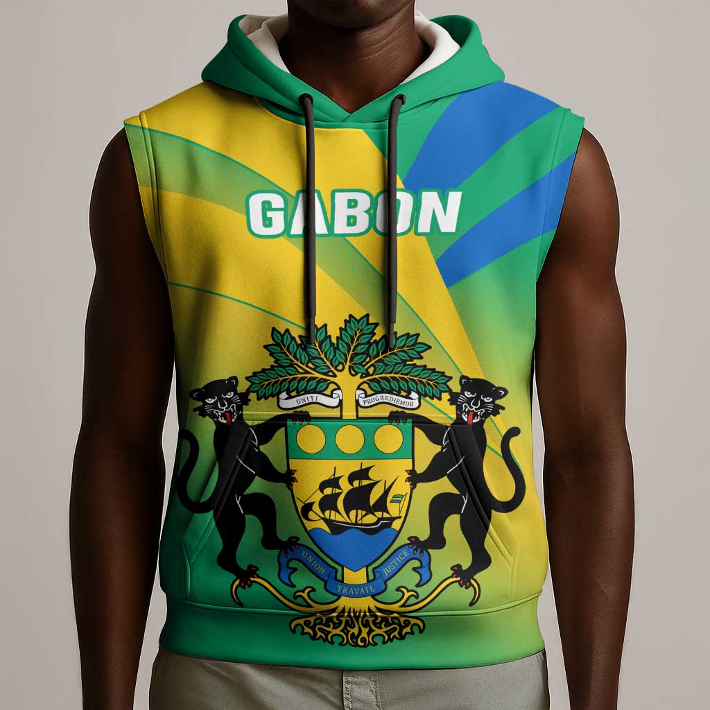 Presonalised Gabon Sleeveless Hoodie Coat Of Arms With Flag Gradient Style - African Pride