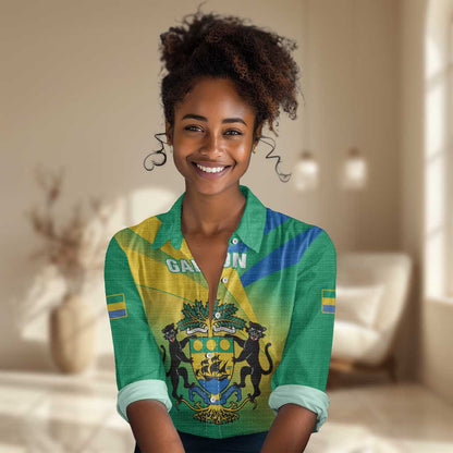 Presonalised Gabon Women Casual Shirt Coat Of Arms With Flag Gradient Style LT14