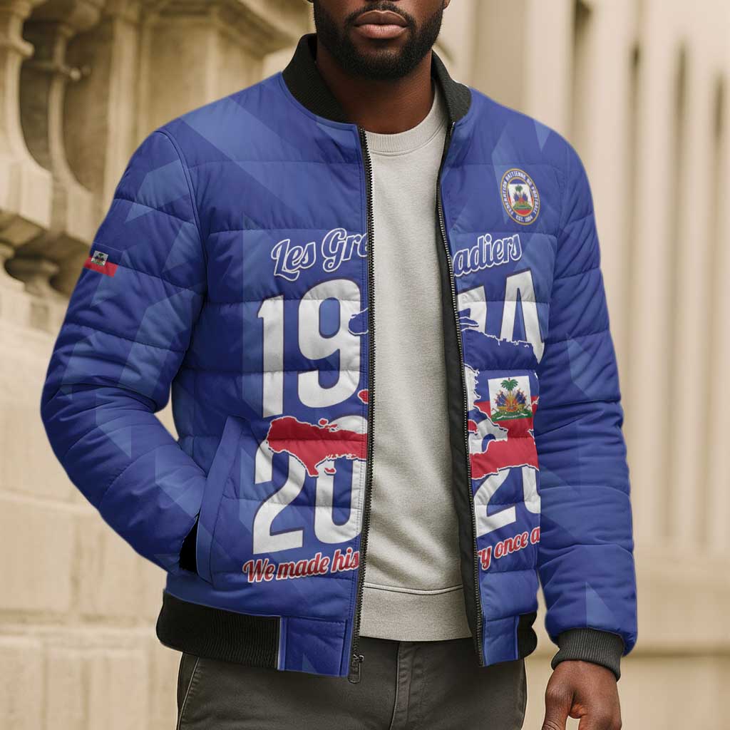 Personalized Haiti Football Bomber Puffer Jacket Les Grenadiers Made History Once Again Blue Color