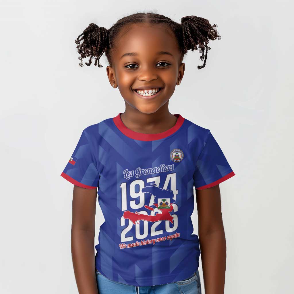 Personalized Afro Haiti Football Kid T shirt Les Grenadiers Made History Once Again Blue Color LT14