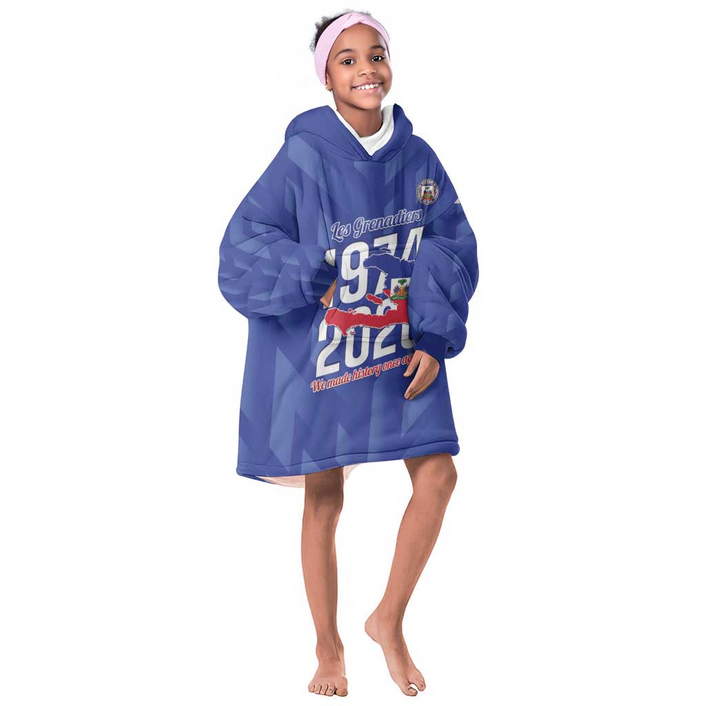 Personalized Afro Haiti Football Kid Wearable Blanket Hoodie Les Grenadiers Made History Once Again Blue Color - African Pride