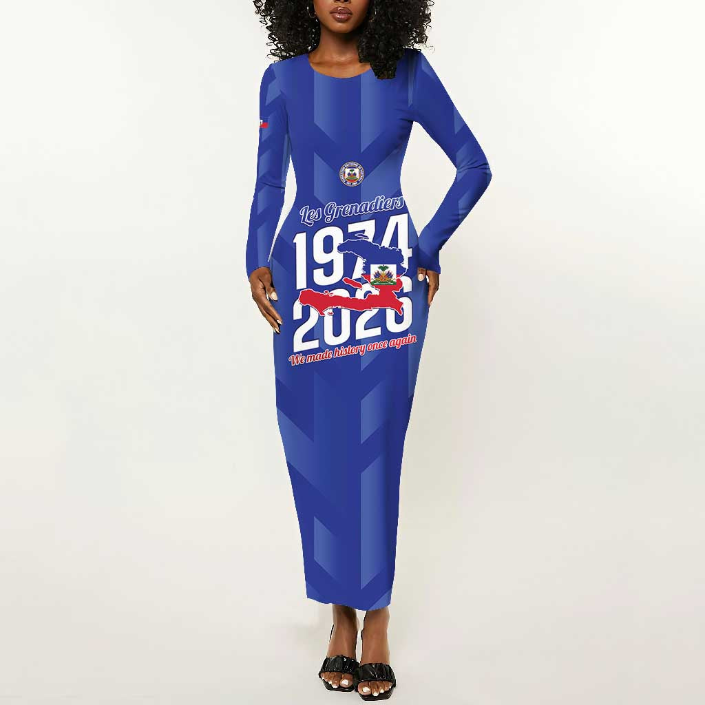 Personalized Afro Haiti Football Long Sleeve Bodycon Dress Les Grenadiers Made History Once Again Blue Color - African Pride