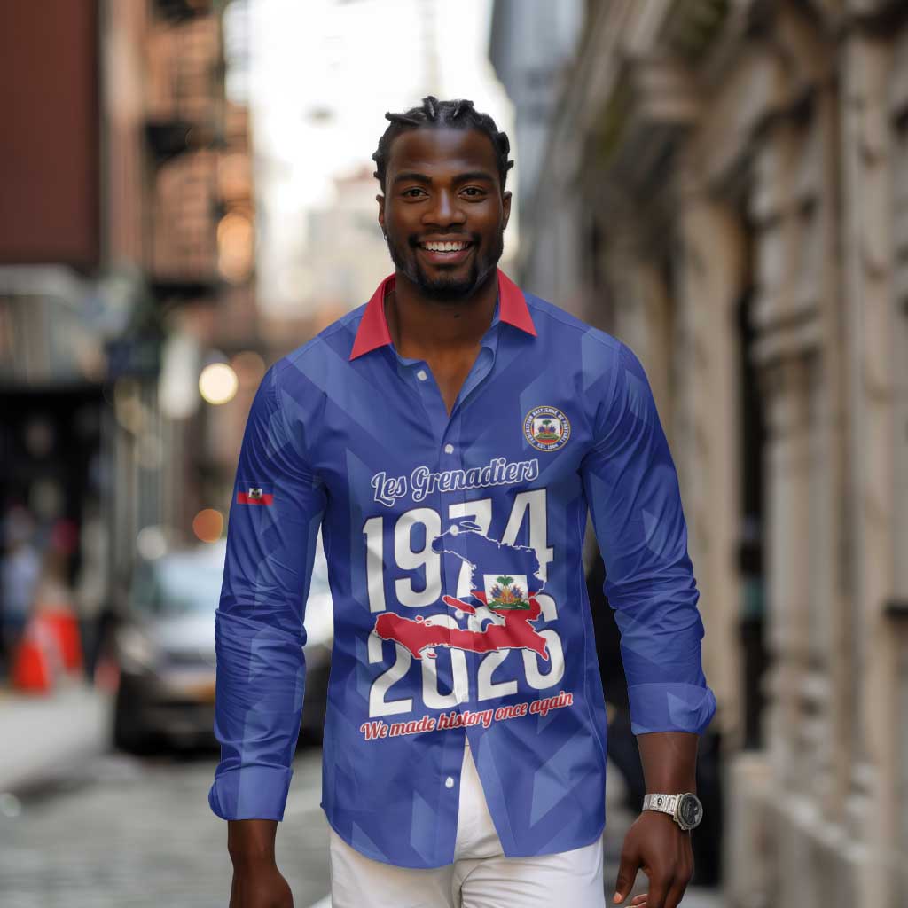 Personalized Afro Haiti Football Long Sleeve Button Shirt Les Grenadiers Made History Once Again Blue Color - African Pride