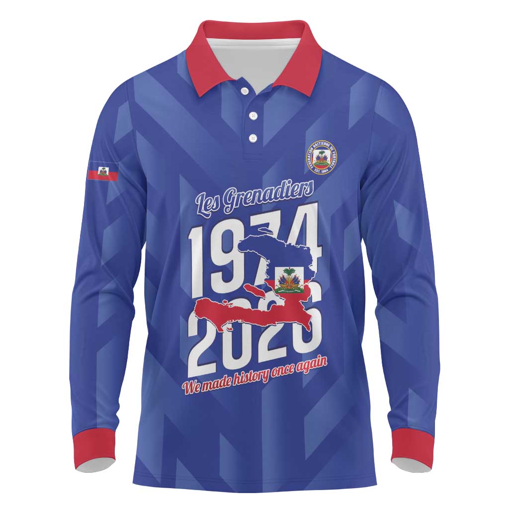 Personalized Afro Haiti Football Long Sleeve Polo Shirt Les Grenadiers Made History Once Again Blue Color - African Pride