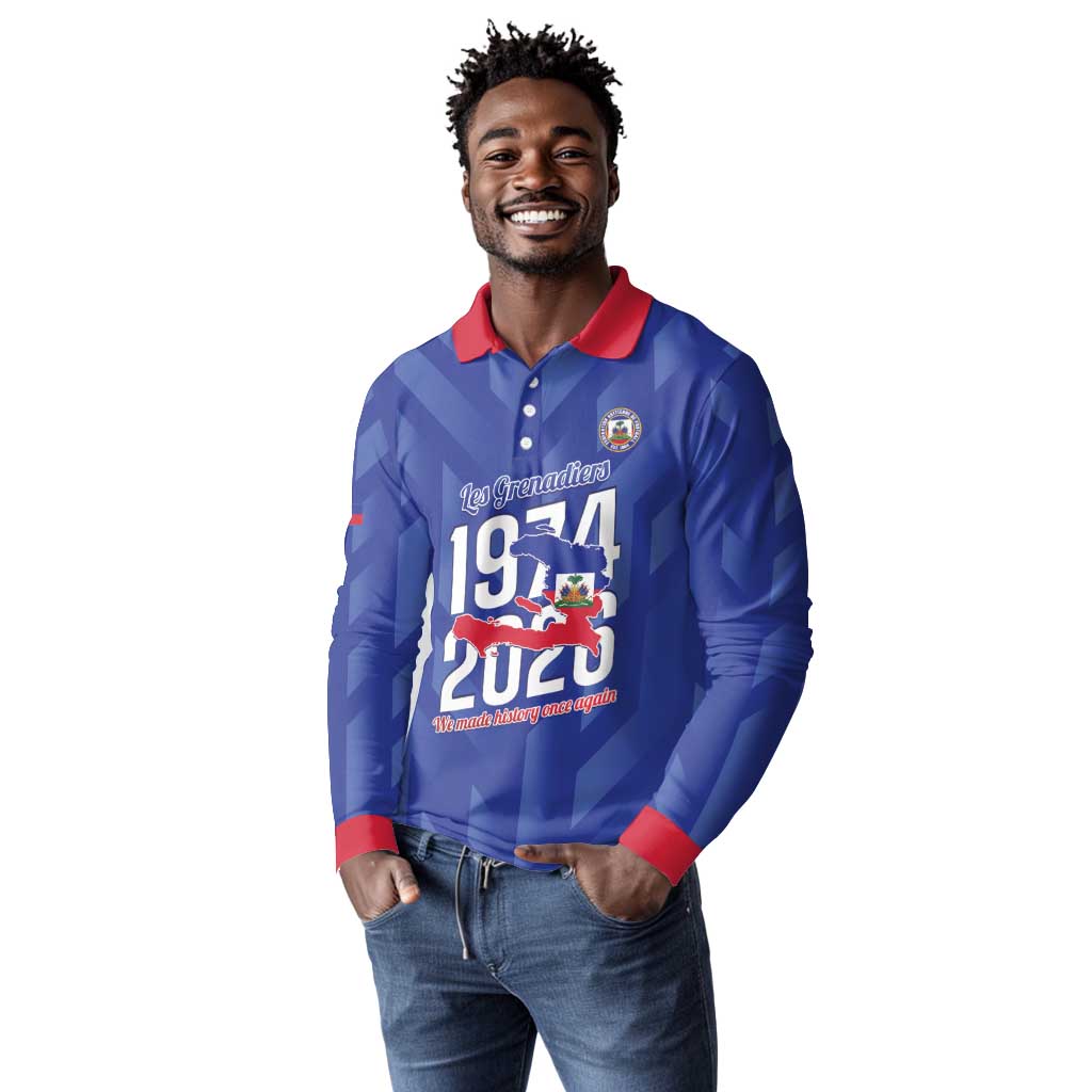 Personalized Afro Haiti Football Long Sleeve Polo Shirt Les Grenadiers Made History Once Again Blue Color - African Pride