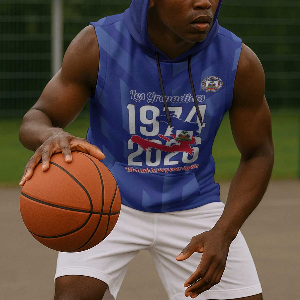 Personalized Afro Haiti Football Sleeveless Hoodie Les Grenadiers Made History Once Again Blue Color - African Pride