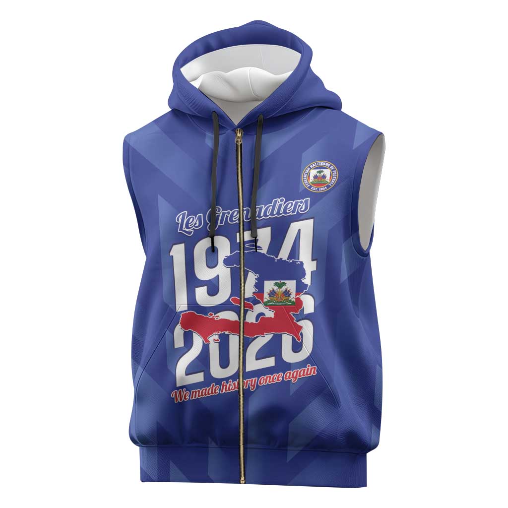 Personalized Afro Haiti Football Sleeveless Zip Hoodie Les Grenadiers Made History Once Again Blue Color - African Pride